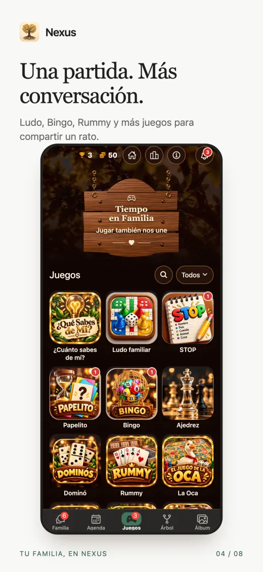 Una partida. Más conversación. Ludo, Bingo, Rummy y más juegos para compartir un rato.