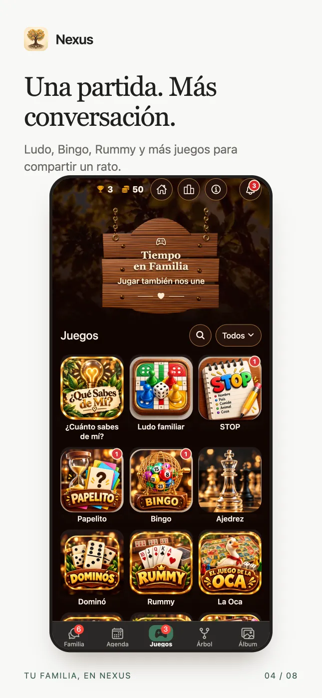 Una partida. Más conversación. Ludo, Bingo, Rummy y más juegos para compartir un rato.